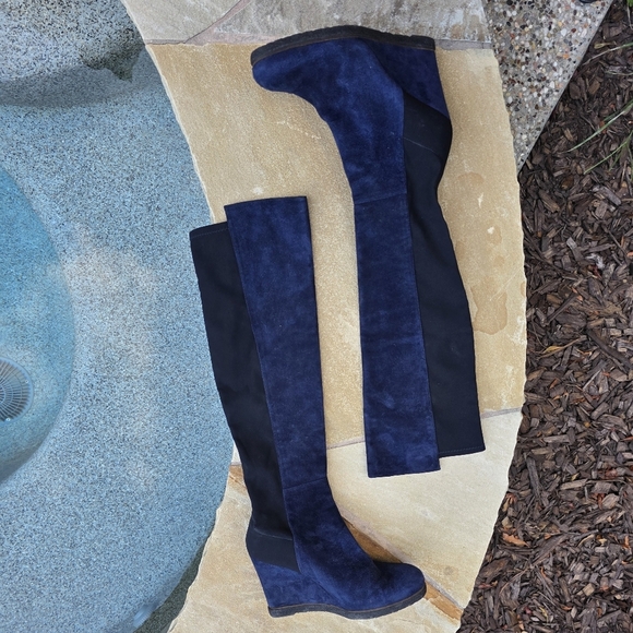 Nwot Stuart Weitzman  Blue and Black  Suede Wedge Knee-High Boots 9M - Picture 1 of 15